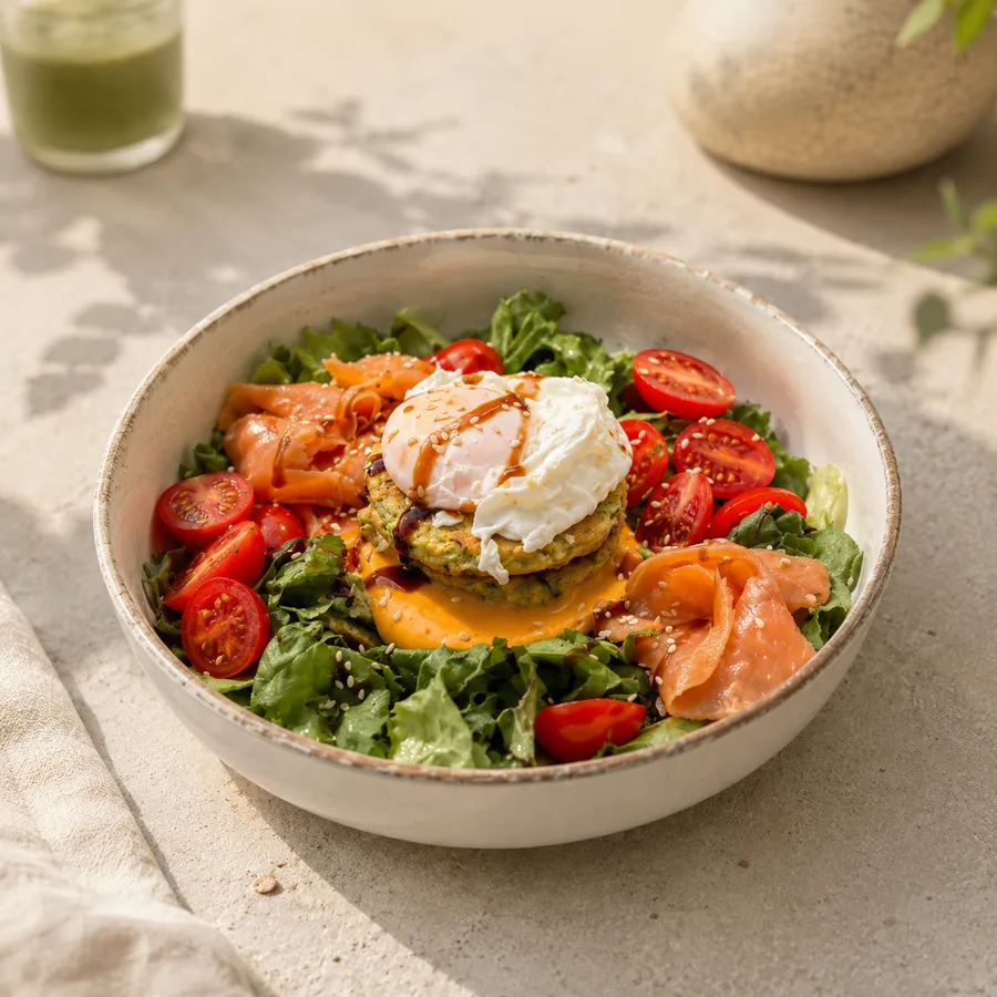 Zucchini Pancakes Bowl With Salmon